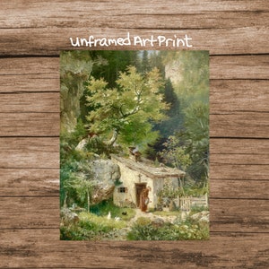 May include: An unframed art print of a painting depicting a small cottage nestled in a lush green forest. The cottage has a white exterior and a brown roof. A figure in brown robes stands near the cottage door. The scene is painted in a realistic style with vibrant colors.