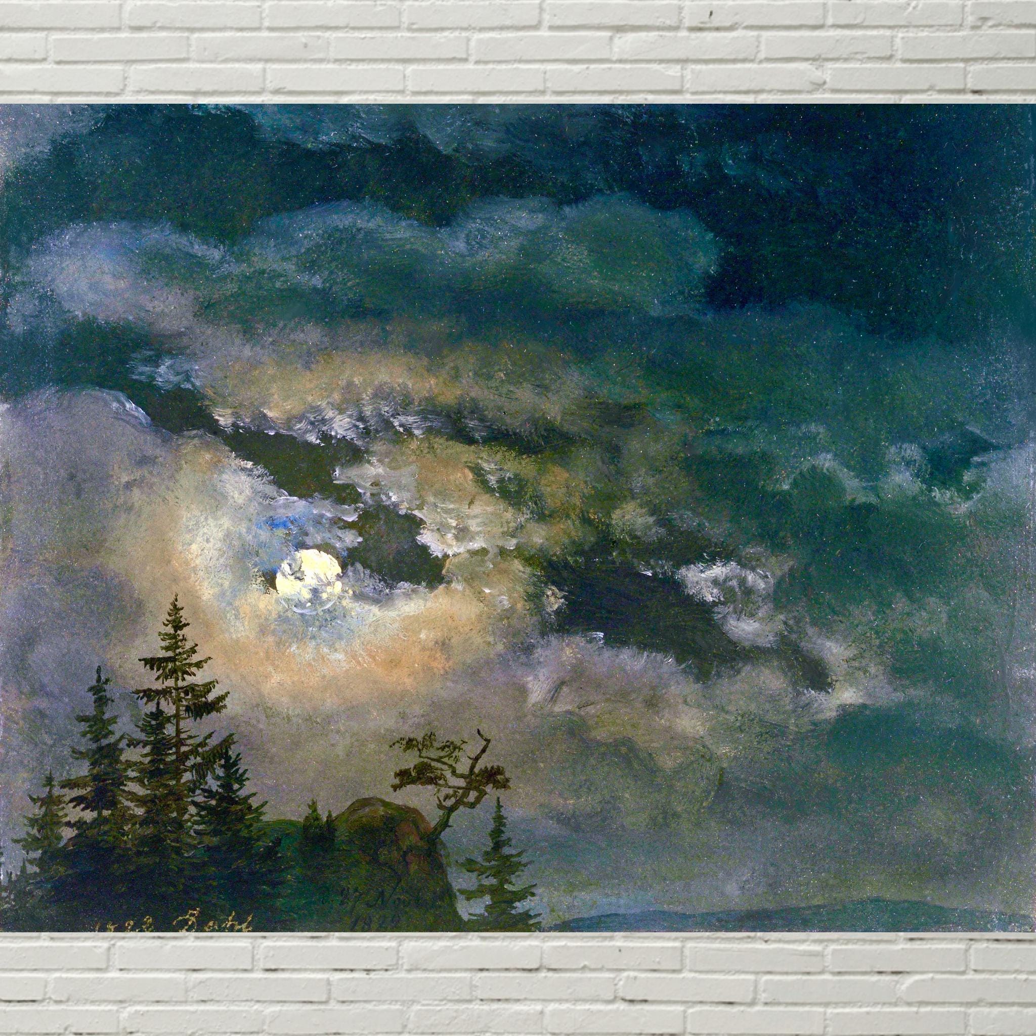 Full Moon Art Print, 19th Century Moonlight Landscape Painting Art