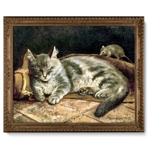 Victorian Grey Tabby Cat and Rat Painting, Old Cracked Painting, High Quality Art Print, Funny Antique Cat Art, Sleeping Cat