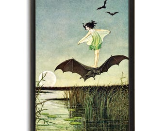 Vintage Witch Riding Bat Art Print, Ida Rentoul Outhwaite Illustration Fairy Art
