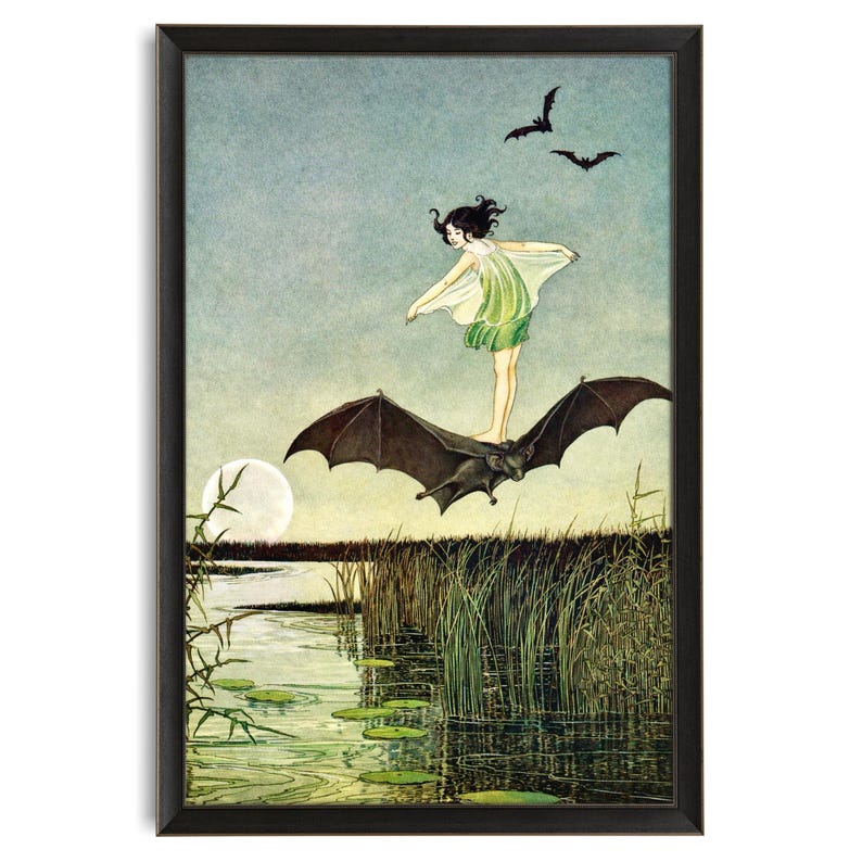 Witch Riding A Bat Vintage Witch Riding Bat Art Print, Ida Rentoul Outhwaite Illustration ...