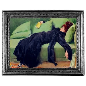 Decadent Young Woman. After the Dance, Ramon Casas, High Quality Art Print, Victorian Edwardian Lady Laying on Green Sofa