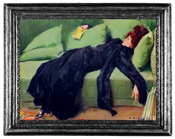 Decadent Young Woman. After the Dance, Ramon Casas, High Quality Art Print, Victorian Edwardian Lady Laying on Green Sofa