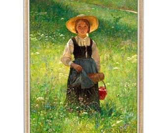 May include: A young girl in a straw hat and a dark dress stands in a field of wildflowers. She is holding a basket and a red pail. The painting is done in a realistic style with a focus on the details of the girl's clothing and the flowers in the field.