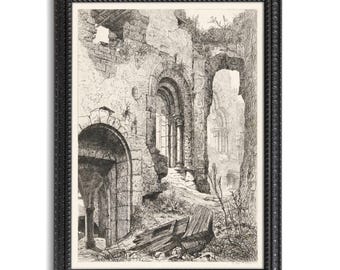 Castle Ruins Art Print, Medieval Castle Art, Castle Drawing, Vianden Castle, Antique Middle Ages Art, Castle Architecture, Black and White
