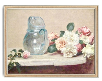 Rosas rosadas y blancas con jarra de cristal, impresión artística de pintura de naturaleza muerta, naturaleza muerta floral antigua, Henri Fantin-Latour, colores pastel, victoriano
