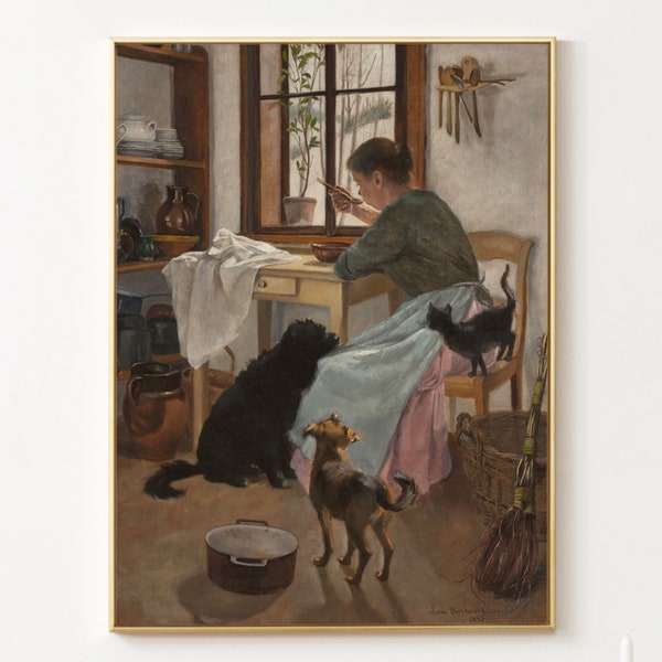 Oeuvre d'art antique amoureuse des animaux, femme avec des chiens et un chat, peinture victorienne de reproduction drôle mignonne, impression d'art de haute qualité, Leona Bierkowska