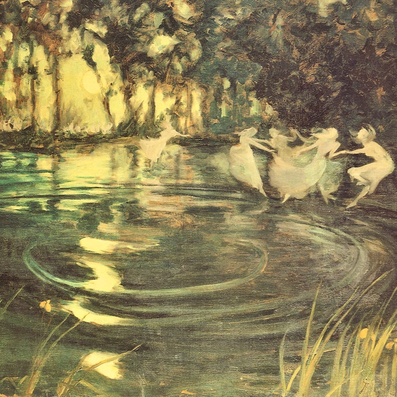 May include: A painting of a group of fairies dancing in a circle around a pond in a forest. The fairies are wearing white dresses and have long flowing hair. The pond is surrounded by trees and the water is reflecting the light of the sun.