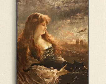 Lámina de electricidad, mujer, gato negro y murciélagos, decoración victoriana de brujas, pintura de Alfred Stevens