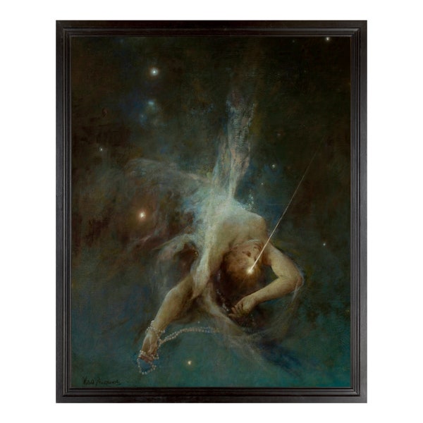 Falling Star, Celestial Nude Female Mystical Art, Starry Night, 19th Century, Witold Pruszkowski, Antique Reproduction Art Print, Dark Teal