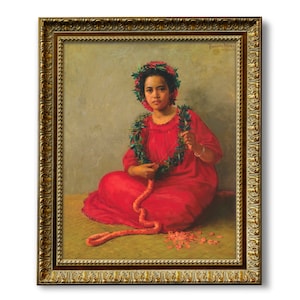 Beautiful Hawaiian Girl, The Lei Maker, Polynesian Woman in Red,  High Quality Art Print, Theodore Wores, Vintage Hawaiian Art, Tropical Art