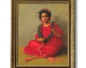 Beautiful Hawaiian Girl, The Lei Maker, Polynesian Woman in Red,  High Quality Art Print, Theodore Wores, Vintage Hawaiian Art, Tropical Art