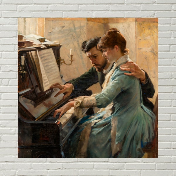 Cracked Paint, Victorian Couple Playing the Piano, Romantic Art, Albert Edelfelt, High Quality Fine Art Print, Sweet Romantic Painting