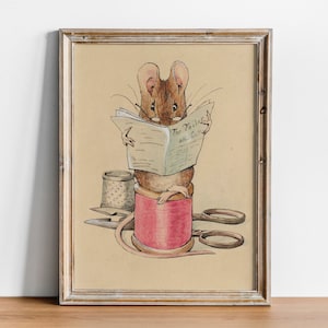 Beatrix Potter Art Print, The Tailor Mouse, Vintage Mouse Print, High Quality Art Print, Cute Mouse Drawing, Sewing Art, Mouse Illustration