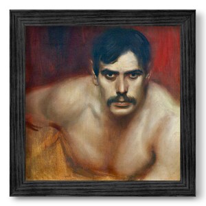 以下が含まれることがあります： 濃い口ひげと濃い色の髪をした男性の絵画。彼は真剣な表情で、直接鑑賞者を見つめている。背景は濃い赤色です。