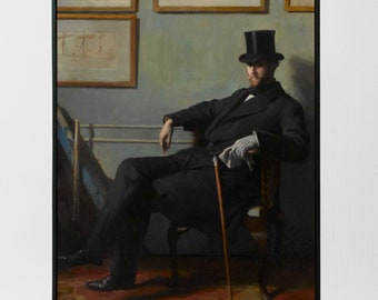 Antique Portrait of Handsome Man with Top Hat and Cane, High Quality Art Print, Jaunty Distinguished Handsome Gentleman in Black Suit