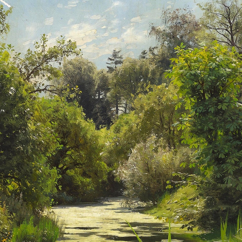 May include: A painting of a forest scene with a winding stream in the foreground. The stream is surrounded by lush green trees and foliage. The sky is a light blue with white clouds.