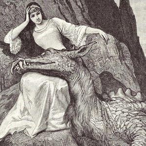 May include: A black and white line art illustration depicting a person with long hair wearing a long-sleeved gown, resting their head on one hand while sitting beside a large, scaled dragon with prominent teeth and a textured, ridged back.