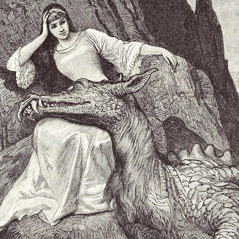 May include: A black and white line art illustration depicting a person with long hair wearing a long-sleeved gown, resting their head on one hand while sitting beside a large, scaled dragon with prominent teeth and a textured, ridged back.