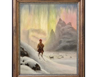 Northern Lights Art, Sami on Skis, Skiing Lapp with the Northern Lights, Norwegian Snow Landscape, Reindeer, Aurora Borealis, Frants Boe