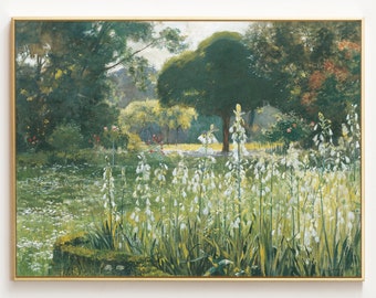 Landscape with White Flowers and Trees, Fine Art Print, Antique Landscape Painting, Sunny Green Landscape, Galtonia, Summer Hyacinths