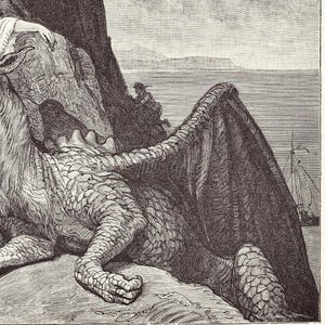 May include: A black and white line engraving depicting a large dragon with textured scales and expansive wings resting on a rocky surface. In the background, a small figure climbs a cliff near the sea, with a sailboat visible on the horizon.
