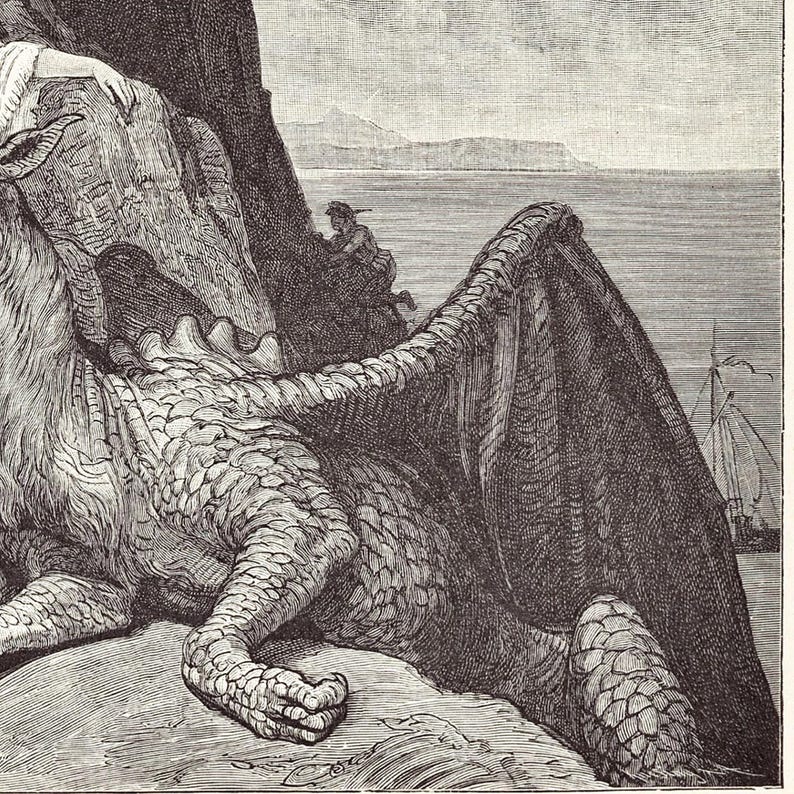 May include: A black and white line engraving depicting a large dragon with textured scales and expansive wings resting on a rocky surface. In the background, a small figure climbs a cliff near the sea, with a sailboat visible on the horizon.