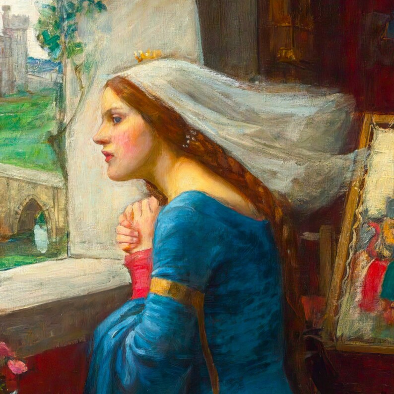May include: A woman in a blue dress and white veil looks out of a window. She has her hands clasped in front of her. A castle and bridge are visible in the background.