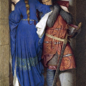 May include: A painting of a man and a woman in a stone doorway. The woman is wearing a blue dress and has long red hair. The man is wearing armor and a red tunic. He is holding a sword and a helmet.