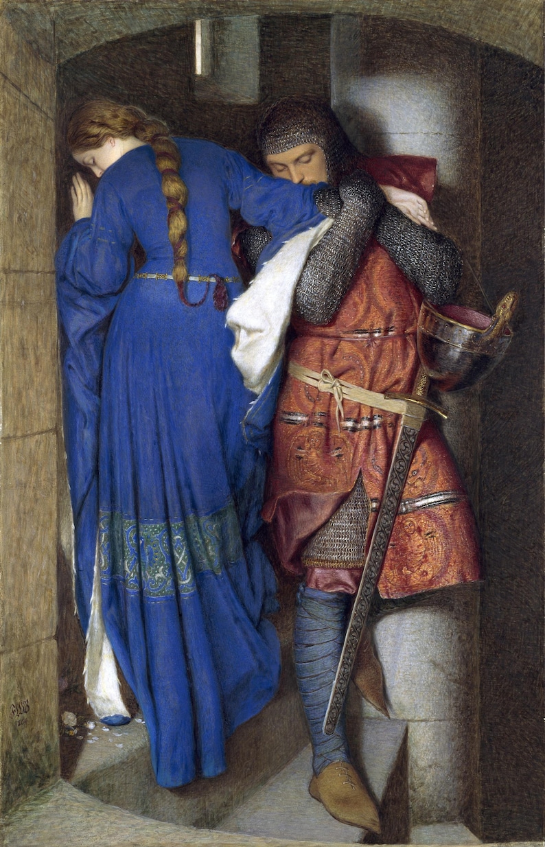 May include: A painting of a man and a woman in a stone doorway. The woman is wearing a blue dress and has long red hair. The man is wearing armor and a red tunic. He is holding a sword and a helmet.