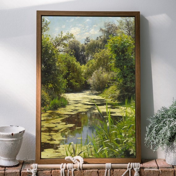 Serene Landscape with River and Trees, Taffelbay ved Hellerup (Table Bay by Hellerup), Peder Monsted, Shades of Green, Peaceful Landscape