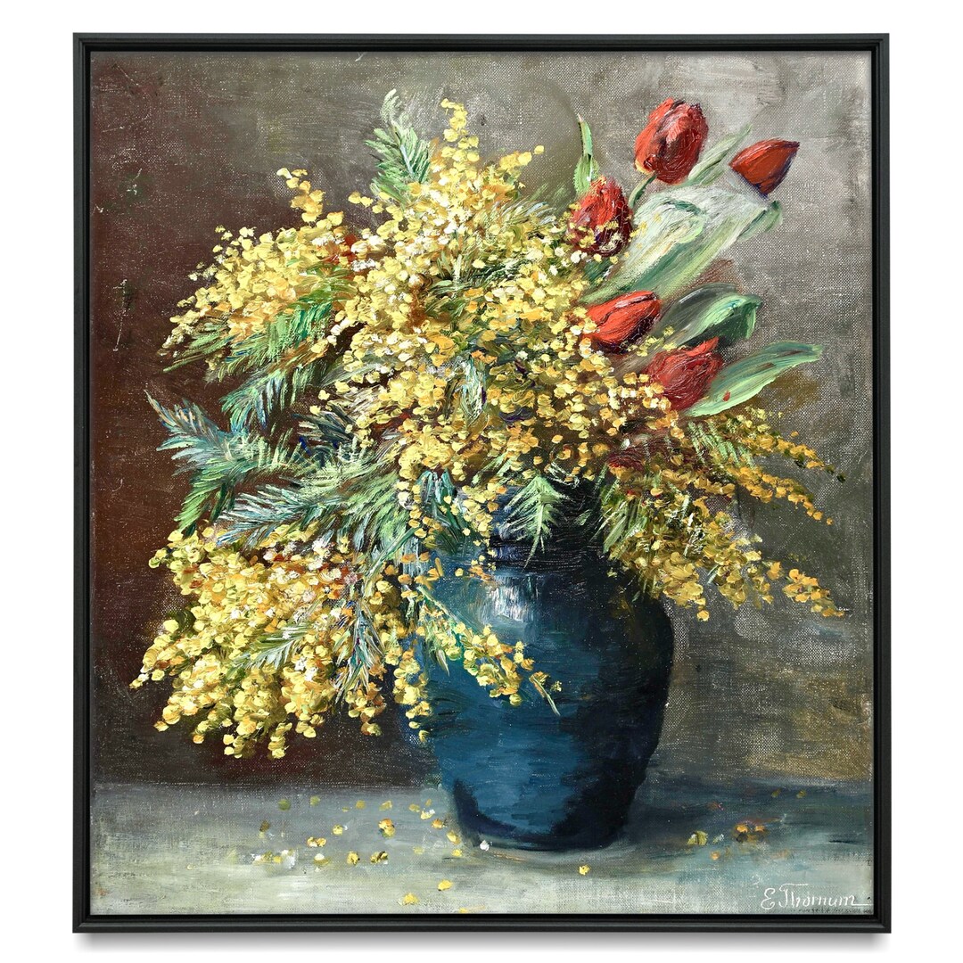Red and Yellow Still Life With Tulips and Mimosa, Reproduction Vintage ...