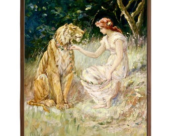 Lady and the Tiger, Tiger Art Print, Frederick Stuart Church, Art Nouveau Print, Tiger Spirit Animal, Antique Art, Pastel Colors, Feminine