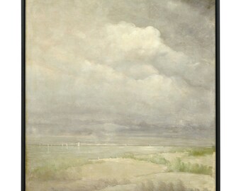 Cloudy Landscape, Hudson River, Antique Painting, High Quality Art Print, Light Soft Colors, Antique New York Landscape, Light Green, Grey