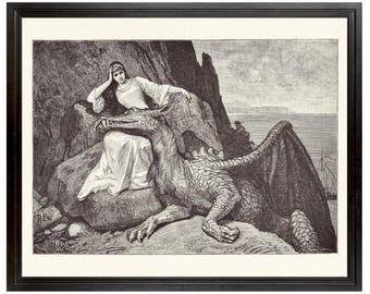 Maiden and her Dragon, Illustration Art, Fairytale Art, Dragon Art Print, Medieval Decor, Dragon Antique Reproduction Art Print, Gray Art