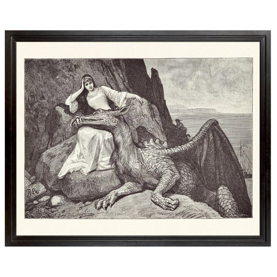 Maiden and her Dragon, Illustration Art, Fairytale Art, Dragon Art Print, Medieval Decor, Dragon Antique Reproduction Art Print, Gray Art
