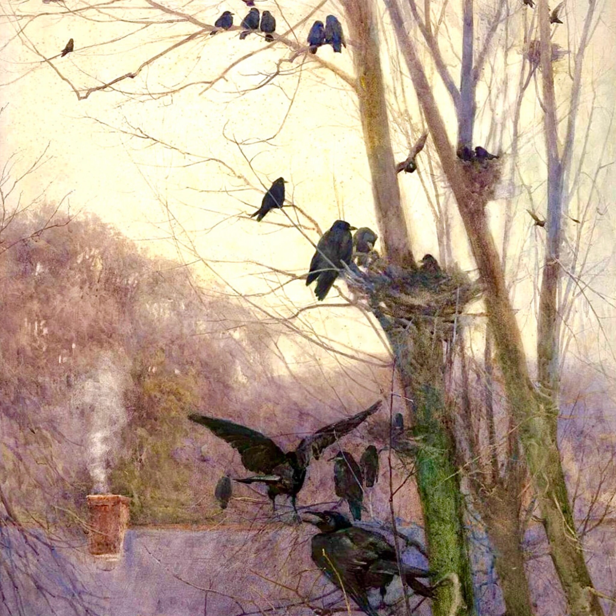 Murder of Crows, Shades of Evening, Antique Watercolor