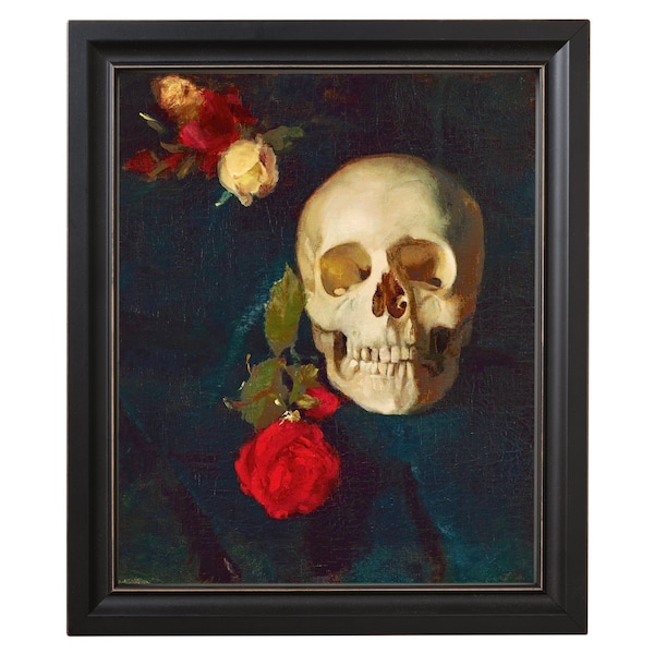 Antique Skull Painting with Flowers, Skull and Roses Vanitas Print, High Quality Fine Art Print, Dark Gothic Victorian Art, Red Rose