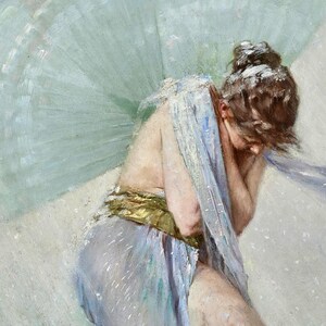 May include: An oil painting depicts a figure in a flowing blue gown, with a gold sash. The figure's head is bowed, and a light blue fan shape is in the background. The artwork has a soft, painterly style.