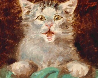 Un petit chaton　【油絵】 Silly Little Cat, Antique Painting, Un Petit Chat, Henri De