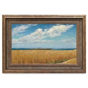 Wheat Field on a Summers Day, L. A. Ring, Art Print, Simple Landscape, Field of Golden Grain, Blue Sky with Clouds, Farmland Painting