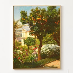 Antique Reproduction Landscape with Orange Tree, French Landscape with Flowers, High Quality Art Print, South of France Painting
