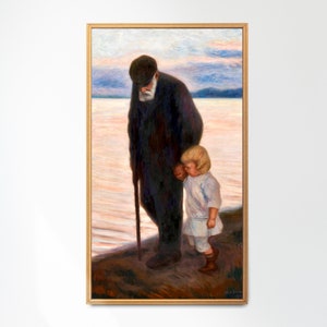May include: A painting of an older man with a white beard and a young child walking along a beach at sunset. The man is wearing a dark coat and a hat, and he is holding a walking stick. The child is wearing a white dress and has blonde hair. The painting is done in a realistic style and has a warm, nostalgic feel.