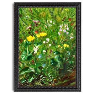 May include: A framed painting of a field of wildflowers in shades of yellow, white, and blue. The flowers are surrounded by green grass and leaves.