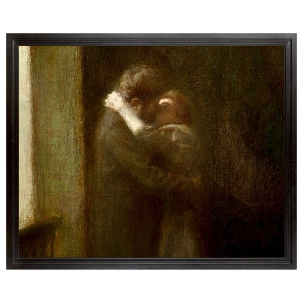 The Kiss, Dark Sensual Art, Antique Shadowy Romantic Painting, High Quality Fine Art Print, Lovers Art, Louis Picard, Brown, Man and Woman