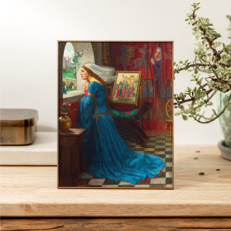 May include: A painting of a woman in a blue dress kneeling by a window, looking out at a castle in the distance. A man is peeking out from behind a tapestry in the background.