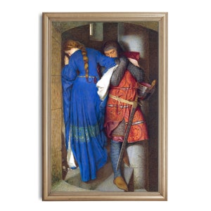 May include: A painting of a man and woman in a medieval setting. The woman is wearing a blue dress and the man is wearing armor and a red cloak. They are standing in a doorway, and the woman is looking down while the man is looking at her.