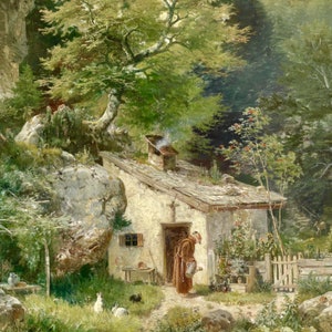 May include: A painting of a small, white cottage nestled in a lush green forest. A figure in a brown robe stands outside the cottage, holding a watering can. The cottage has a stone roof and a small chimney with smoke coming from it. There are trees and rocks surrounding the cottage.