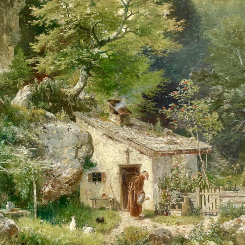 May include: A painting of a small, white cottage nestled in a lush green forest. A figure in a brown robe stands outside the cottage, holding a watering can. The cottage has a stone roof and a small chimney with smoke coming from it. There are trees and rocks surrounding the cottage.