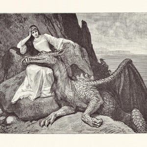 May include: A black and white line art illustration depicting a person in a long gown resting against a large, scaly dragon with prominent wings. The scene is set against a rocky cliffside near a body of water, with a small figure visible in the distance.